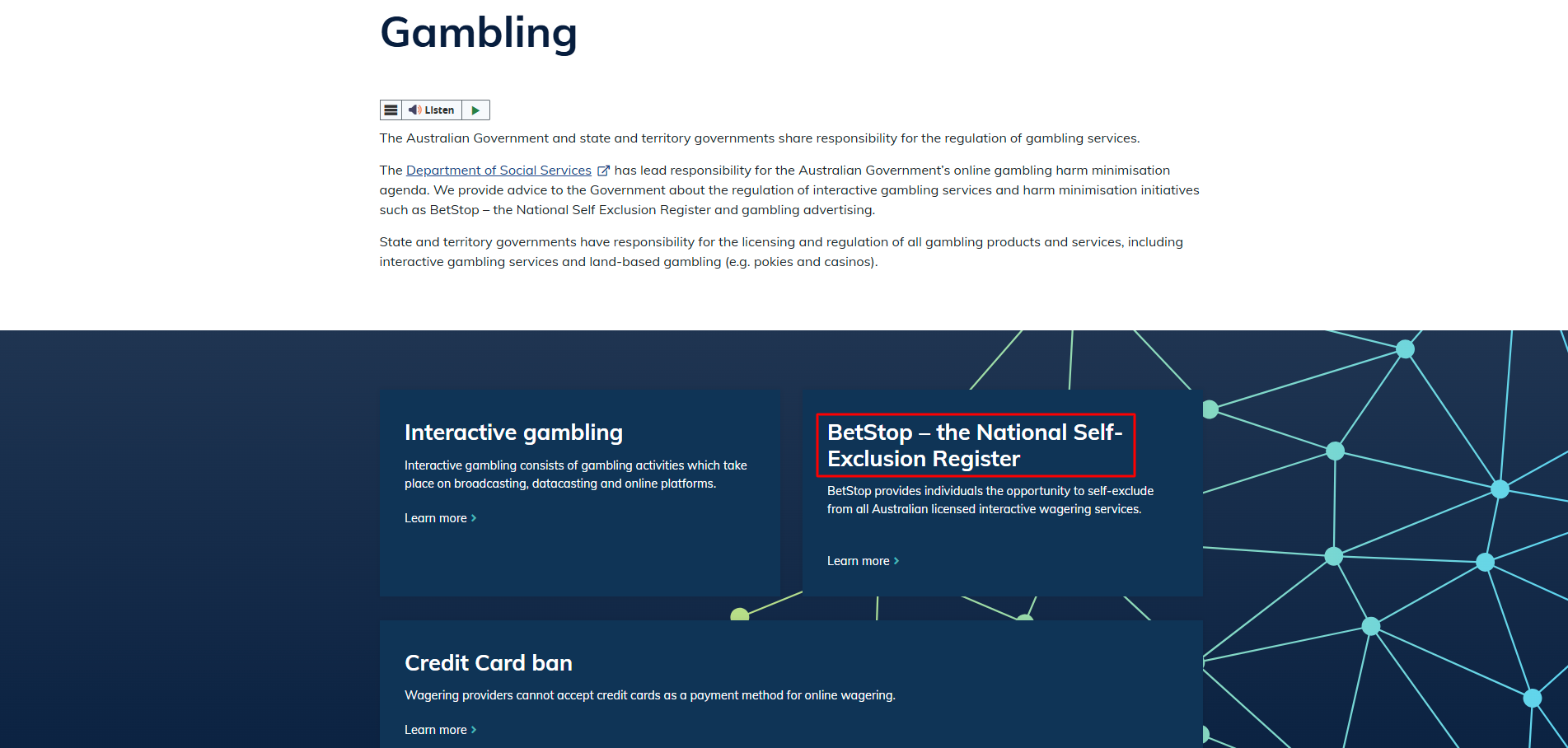 Official Australian government gambling laws and player protection features overview page