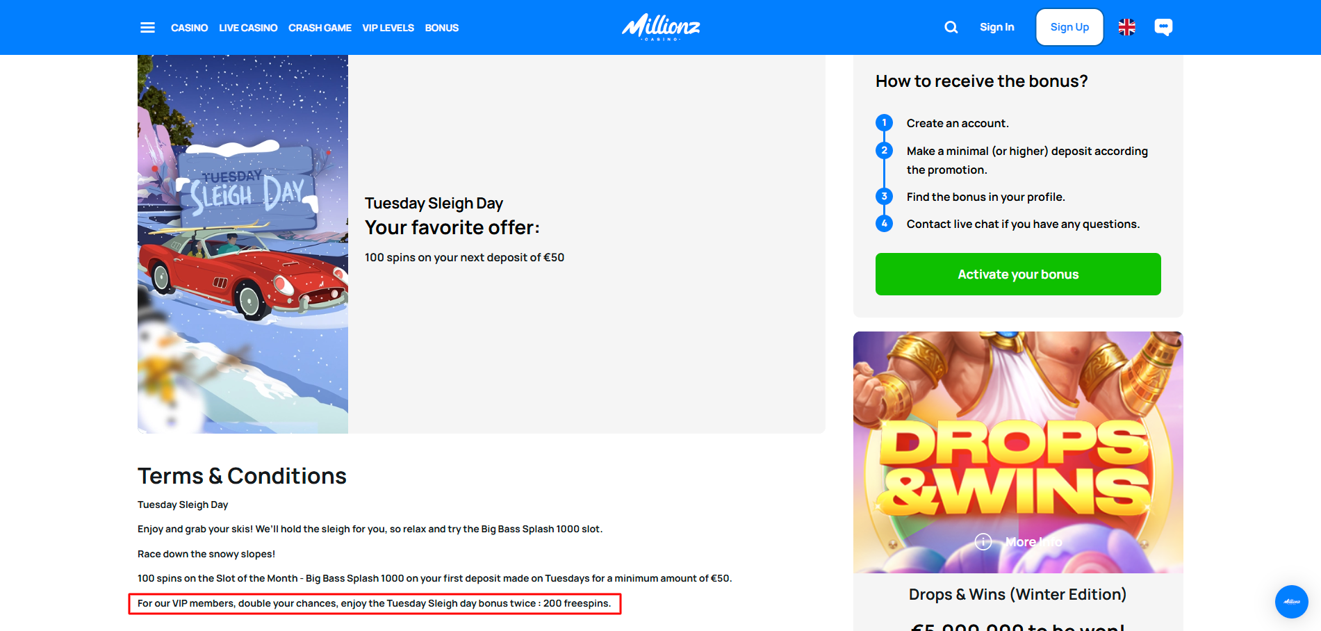 Millionz online casino Tuesday promotion offering 100 wager-free spins for deposits