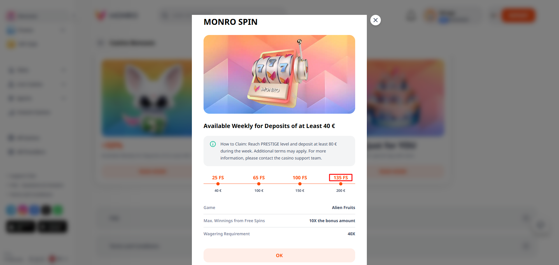 Monro casino weekly promotion offering up to 135 free spins on slots