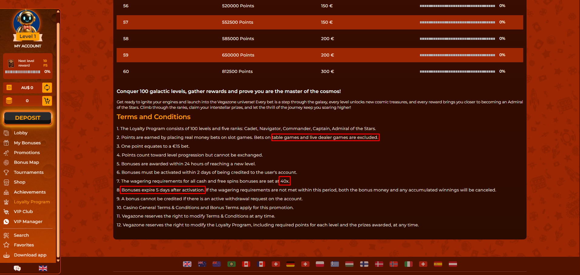 Detailed terms and conditions for Vegazone casino loyalty program free spin rewards